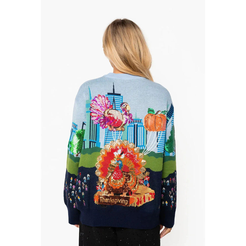 Back view of the fun and festive Queen of Sparkles Thanksgiving Parade women's boutique sweater.
