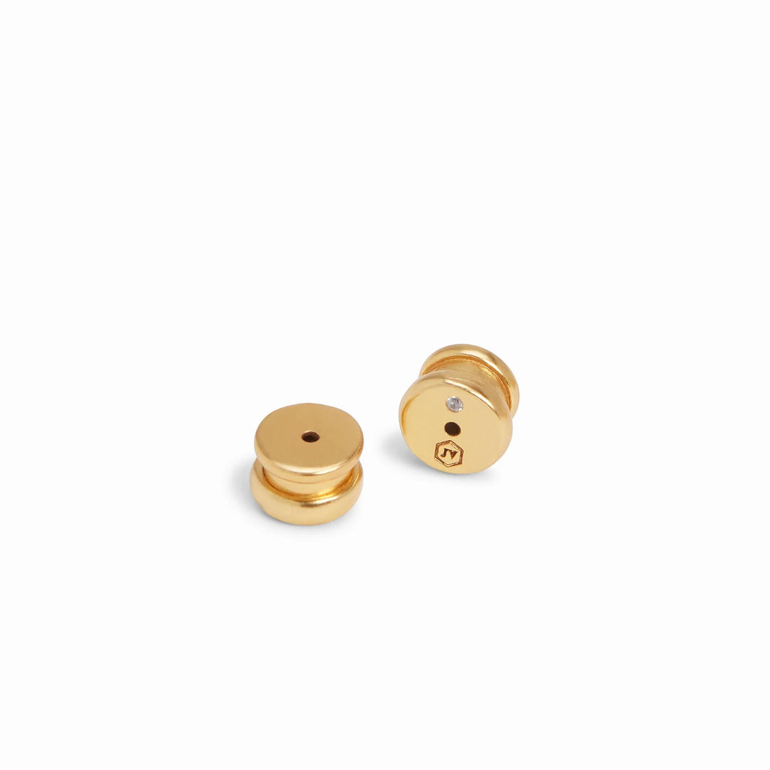 Julie Vos Gold Bee Hoop earrings in 24K gold plate, featuring a lightly hammered finish and a whimsical bee accent.