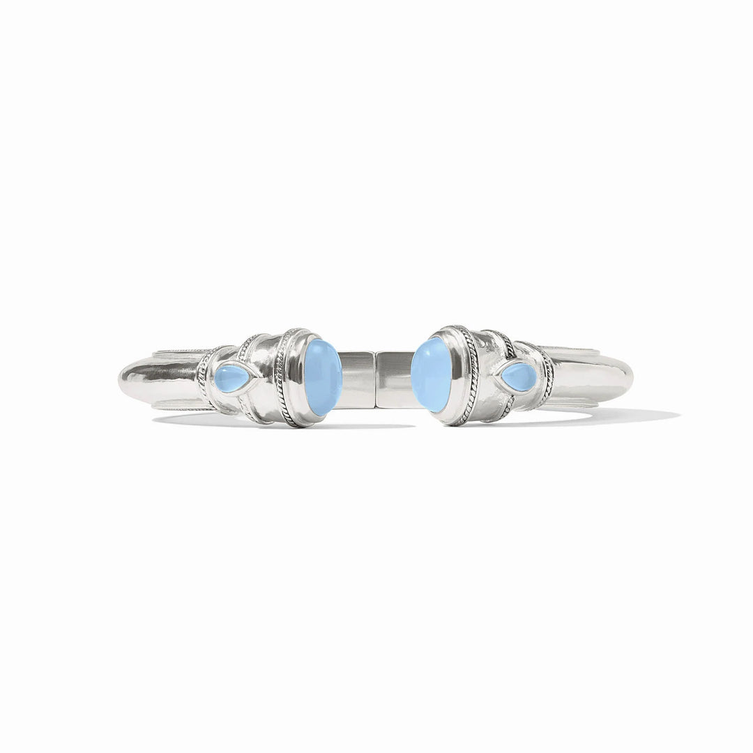 Close-up of the Iridescent Chalcedony Blue glass and the hand-hammered silver texture on the Cannes Demi Cuff.