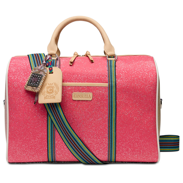 Consuela Bae Jetsetter duffel bag featuring a multicolored glitter exterior and natural leather handles.