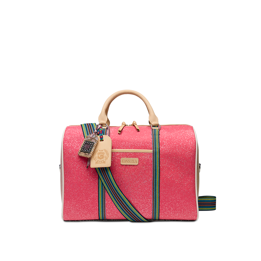Consuela Bae Jetsetter duffel bag featuring a multicolored glitter exterior and natural leather handles.