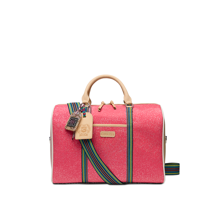 Consuela Bae Jetsetter duffel bag featuring a multicolored glitter exterior and natural leather handles.