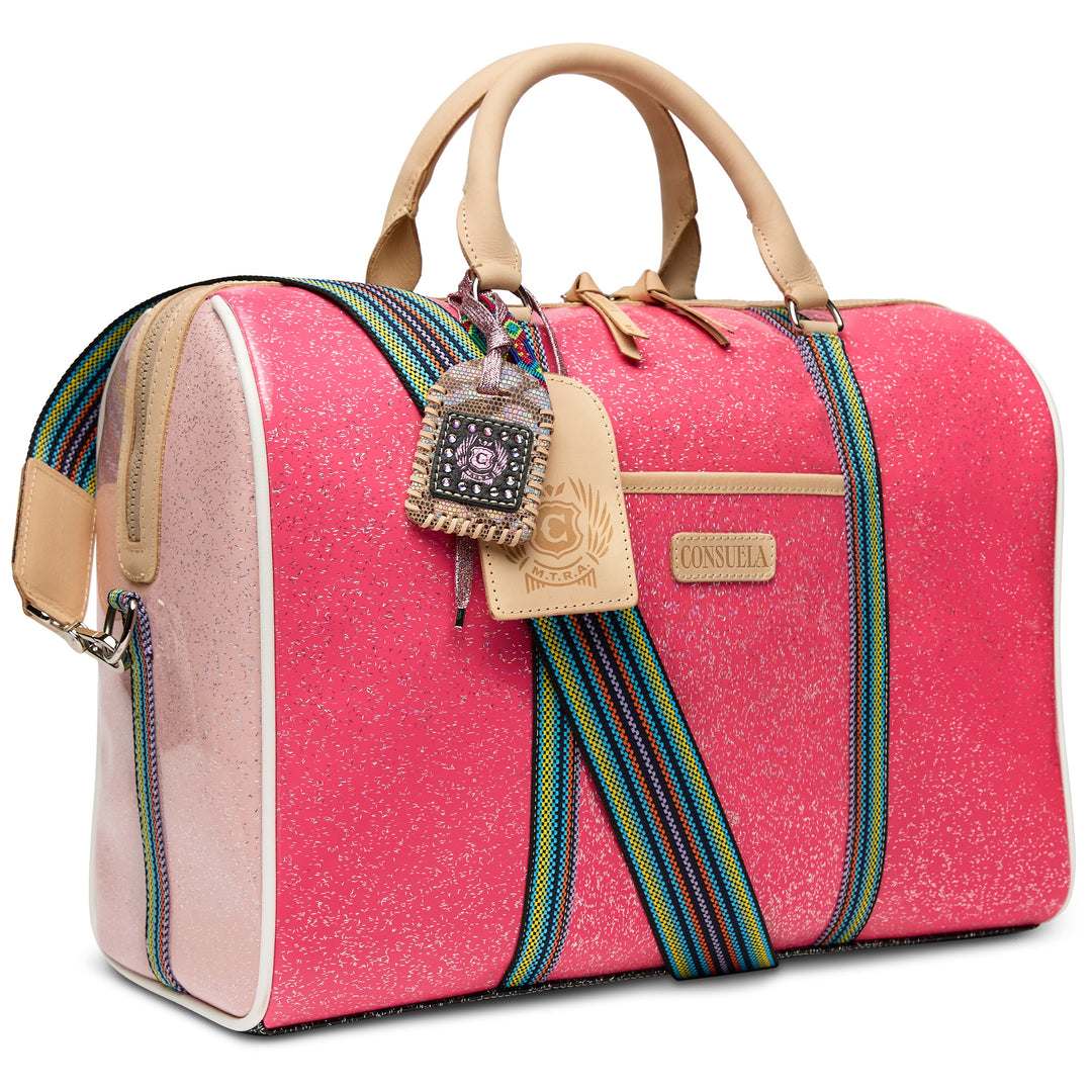Consuela Bae Jetsetter duffel bag featuring a multicolored glitter exterior and natural leather handles.