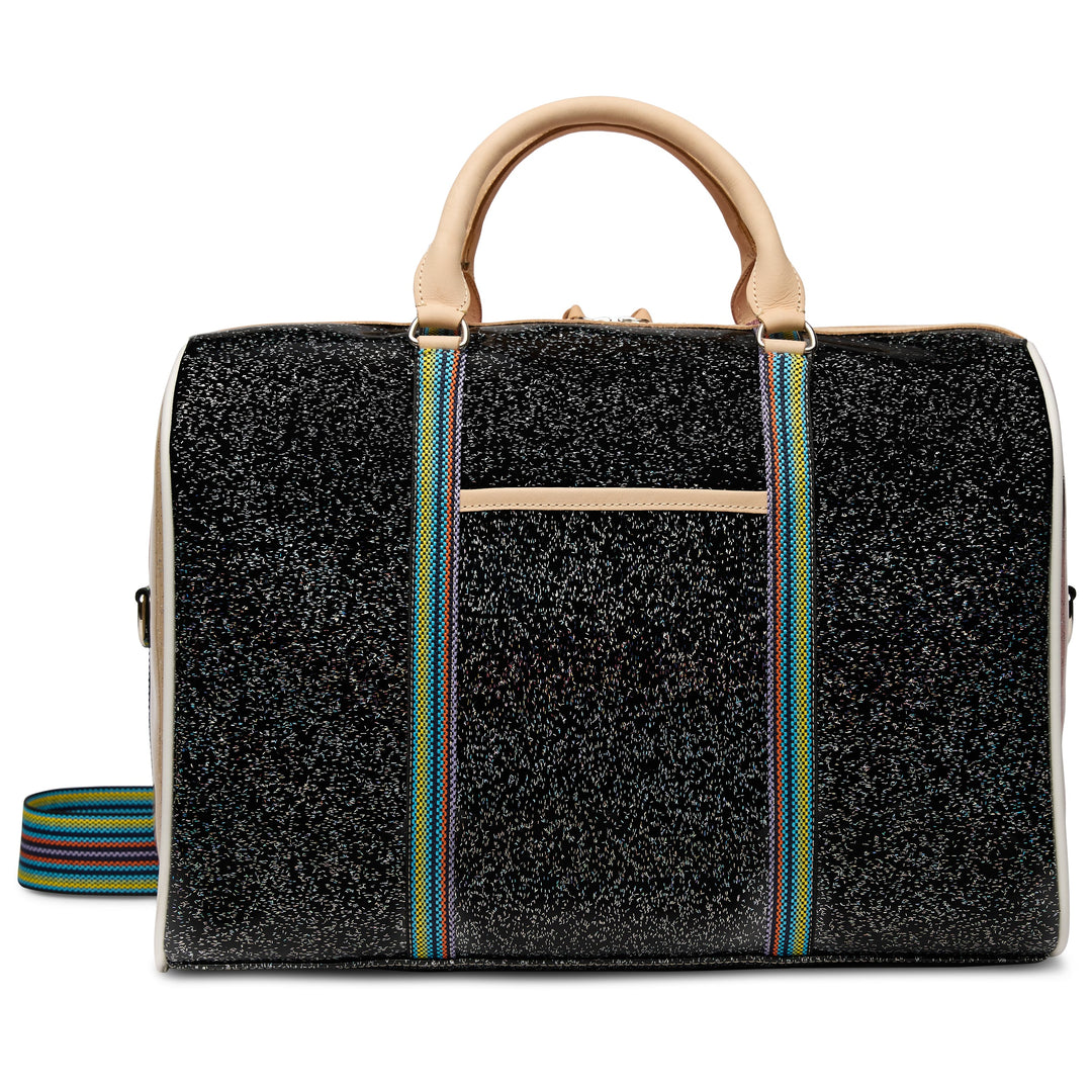 Consuela Bae Jetsetter duffel bag featuring a multicolored glitter exterior and natural leather handles.