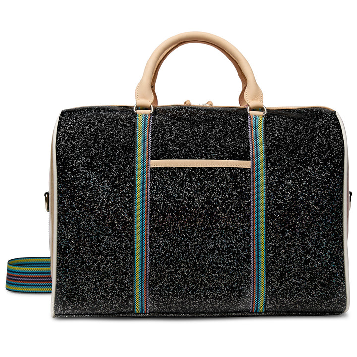 Consuela Bae Jetsetter duffel bag featuring a multicolored glitter exterior and natural leather handles.