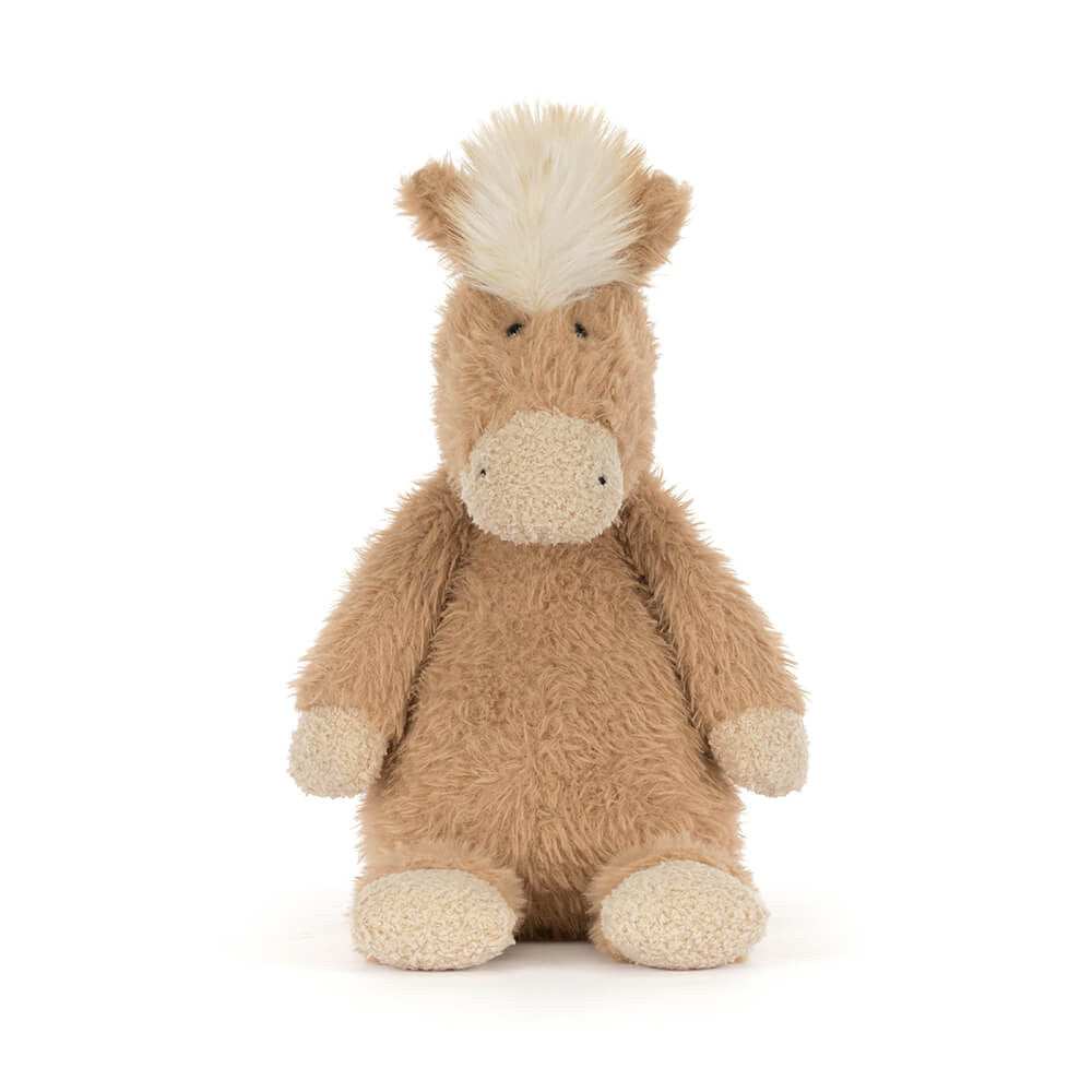 Front view of the Jellycat Canterneigh Pony plush, a tan stuffed horse with a fluffy mane and tail.
