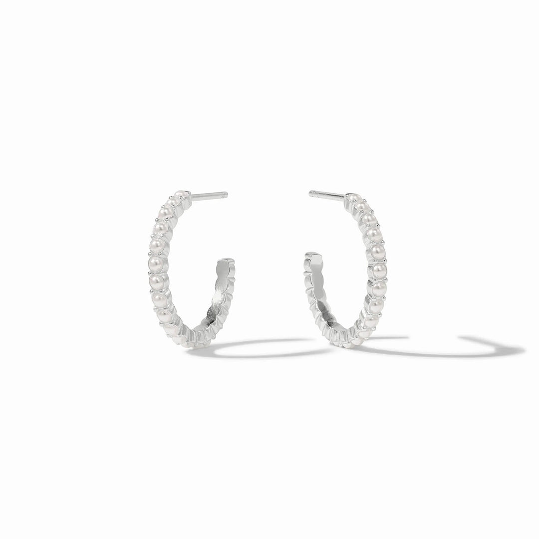 Julie Vos Juliet Hoop earrings in silver with glass pearls; available in three sizes with a textured silver finish.