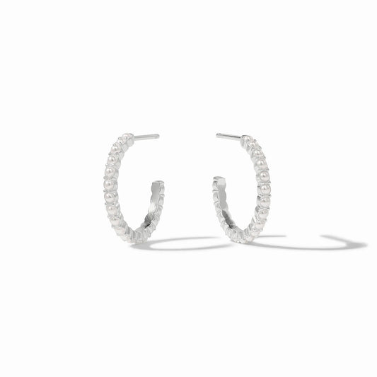Julie Vos Juliet Hoop earrings in silver with glass pearls; available in three sizes with a textured silver finish.