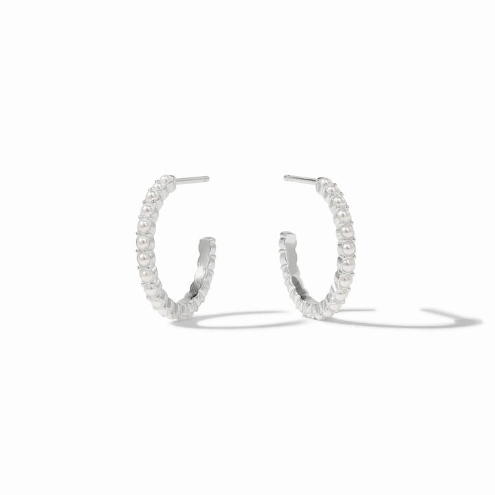 Julie Vos Juliet Hoop earrings in silver with glass pearls; available in three sizes with a textured silver finish.