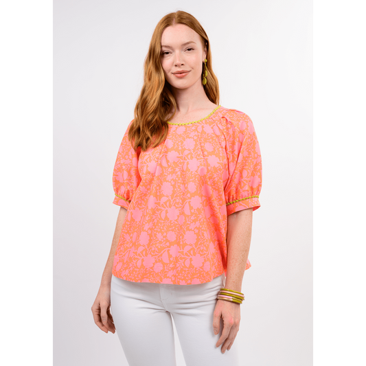 Coral floral top, Ivy Jane 641511, tucked neck swing top, spring floral blouse, designer elbow sleeve top, Ivy Jane spring 2026, boutique floral swing top.
