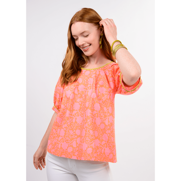 Ivy Jane Coral Blossom Tucked Neck Swing Top - Floral Print Blouse