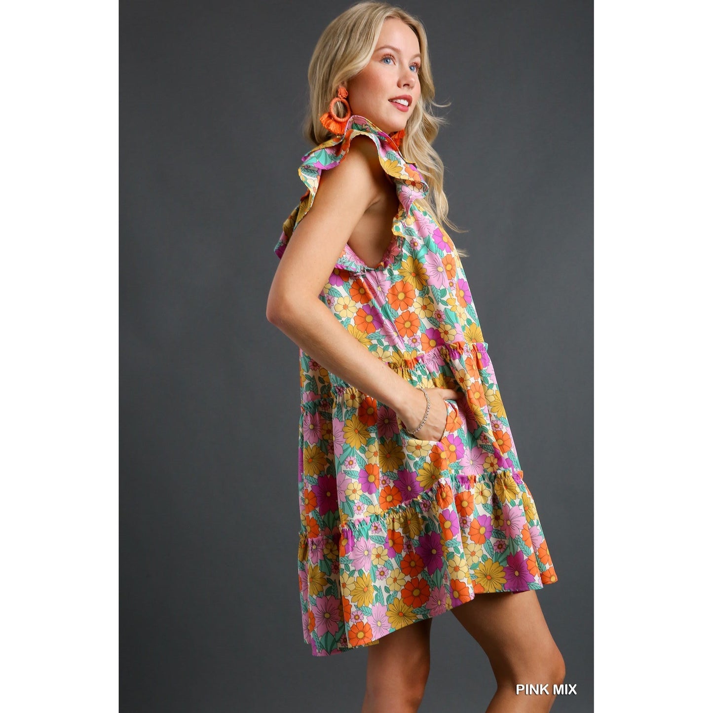 V-Notched Floral Print Dress