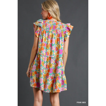 V-Notched Floral Print Dress