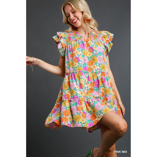 V-Notched Floral Print Dress