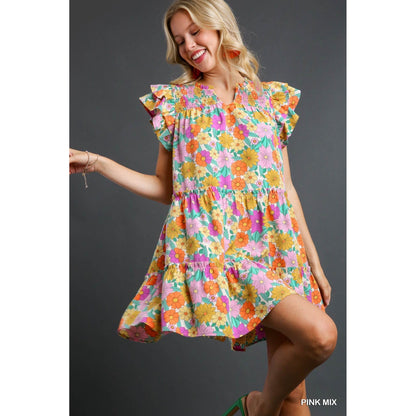 V-Notched Floral Print Dress