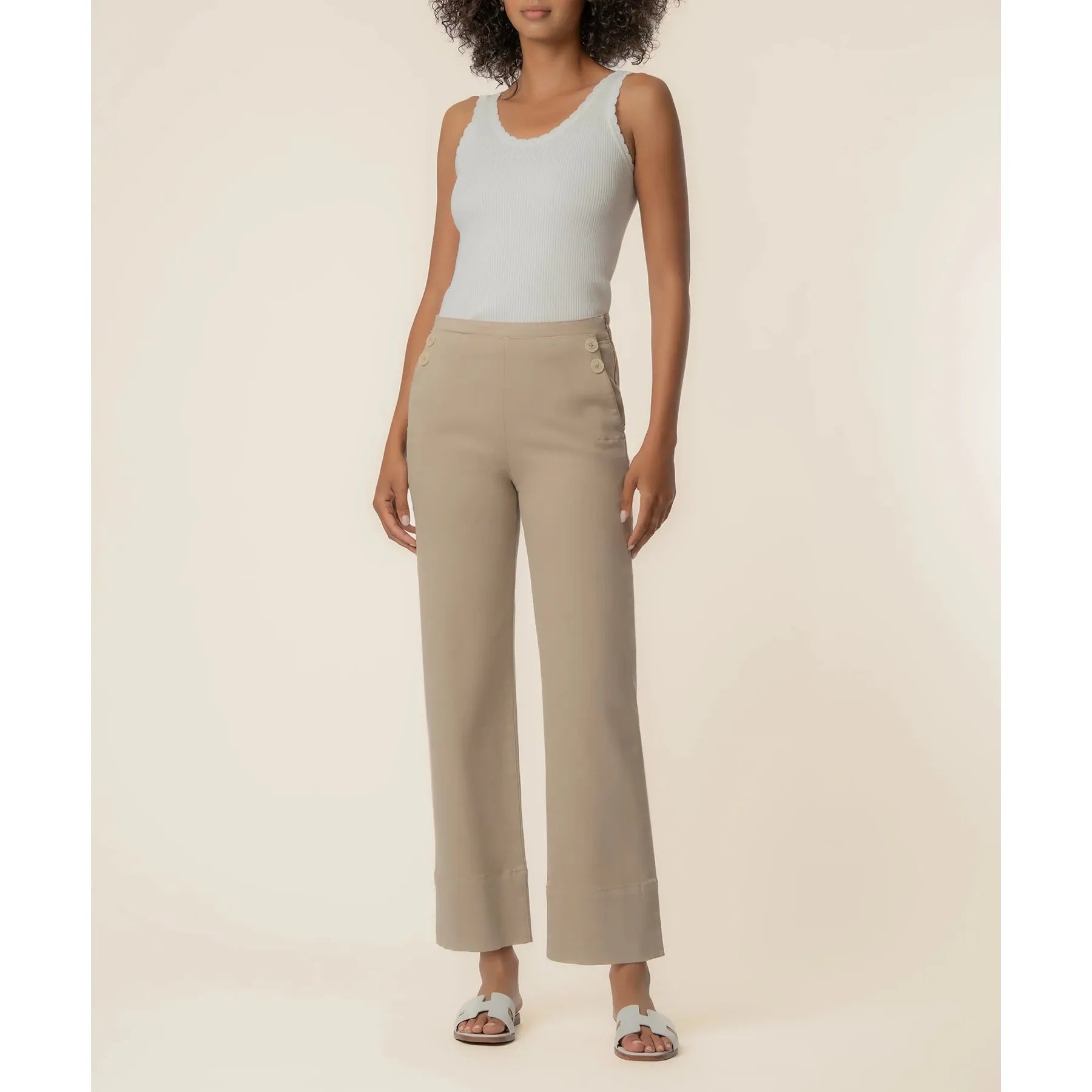 Kut from the Kloth Charlotte High Rise Wide Leg Pant in Sand featuring front button details and a side zipper.