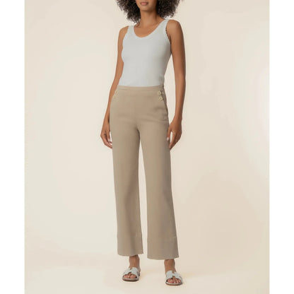 Kut from the Kloth Charlotte High Rise Wide Leg Pant in Sand featuring front button details and a side zipper.