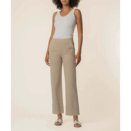 Kut from the Kloth Charlotte High Rise Wide Leg Pant in Sand featuring front button details and a side zipper.