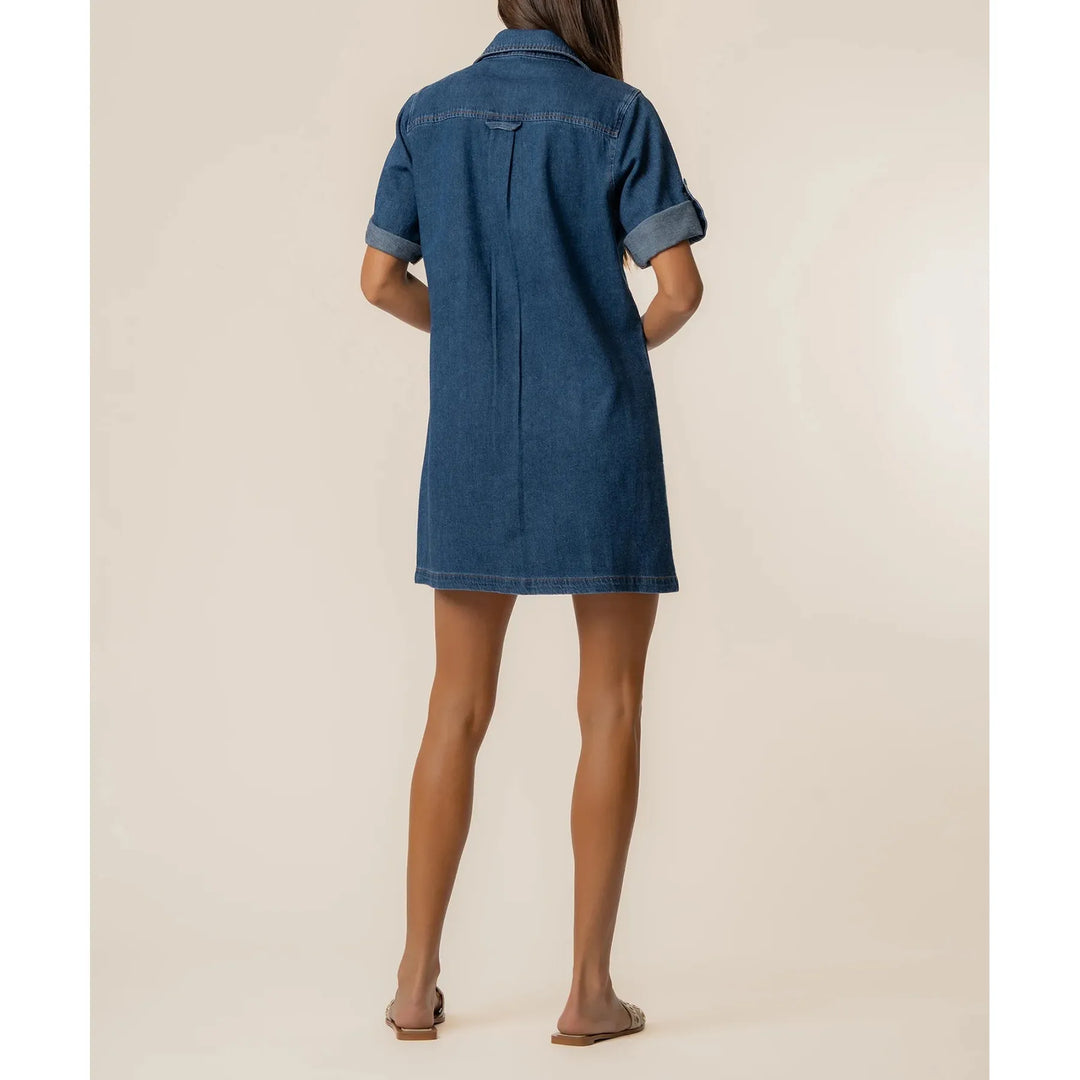 Eliza Denim Dress - Cotton Linen Blend Button-Down Utility Dress