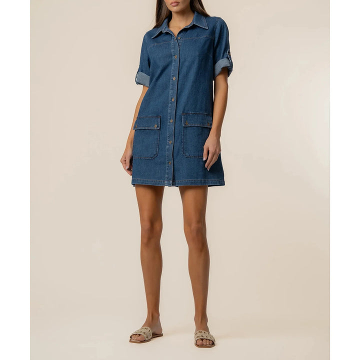 Eliza Denim Dress - Cotton Linen Blend Button-Down Utility Dress