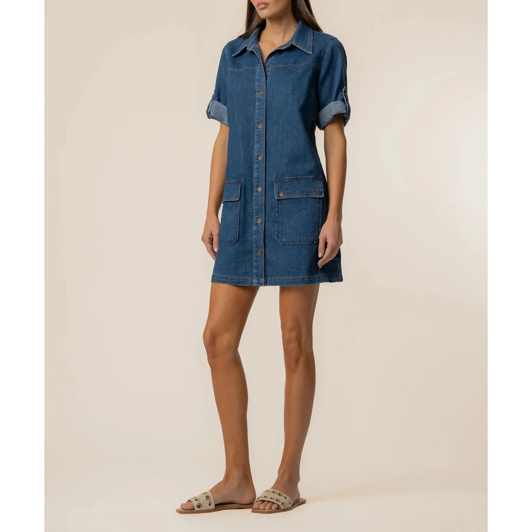 Kut from the Kloth Eliza Denim Dress in a dark wash featuring a button-down front and rolled tab sleeves.
