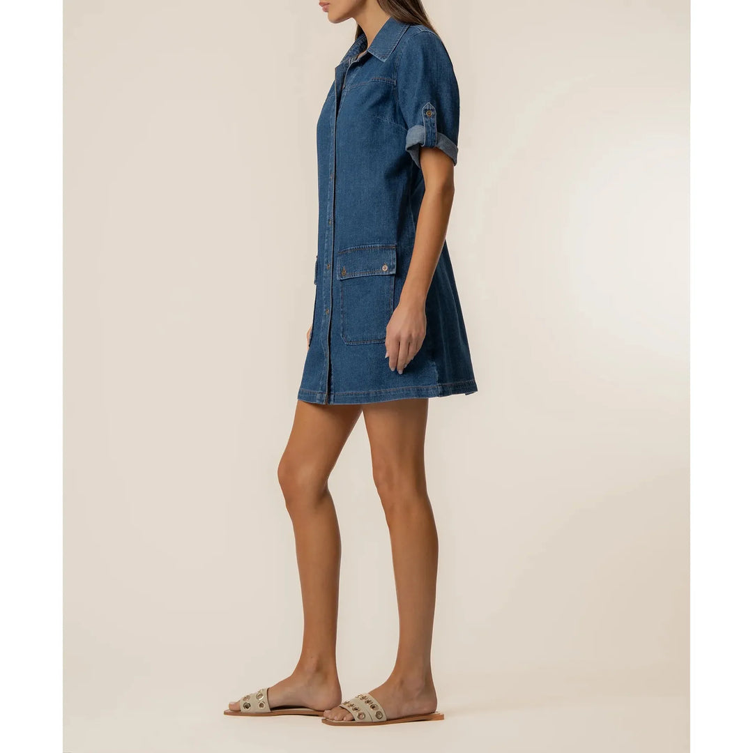 Eliza Denim Dress - Cotton Linen Blend Button-Down Utility Dress