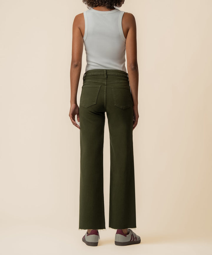 Kut from the Kloth Meg High Rise Wide Leg Jeans in Tuscan Olive – back view showing raw hem detail