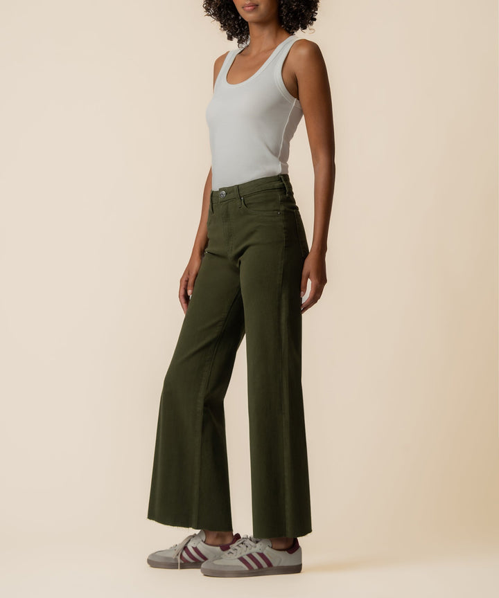 Kut from the Kloth Meg High Rise Wide Leg Jeans in Tuscan Olive – side view showing wide leg fit