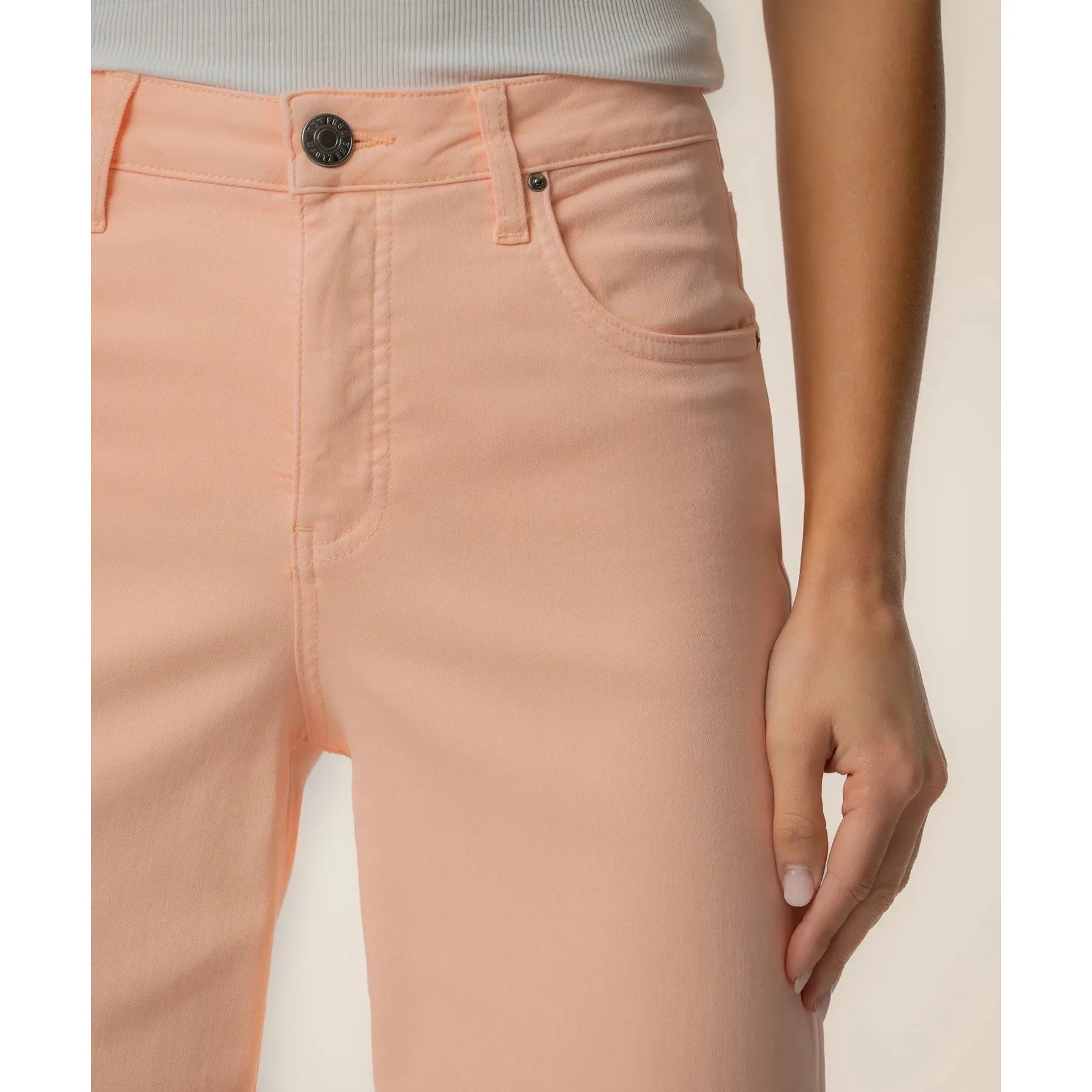 Close-up of the Fab Ab pocket detail and high-rise waistband on the Meg Wide Leg pants.