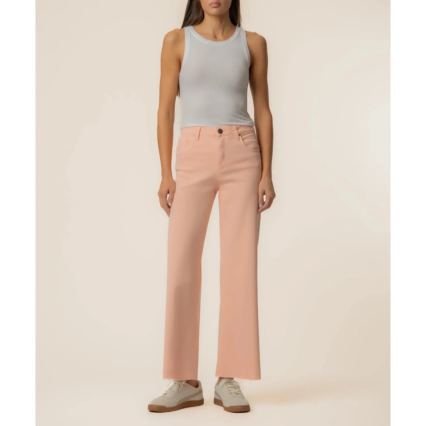 Kut from the Kloth Meg High Rise Wide Leg pants in Sherbert orange featuring a wide leg and raw hem.