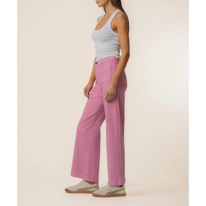 Side profile of the Meg Wide Leg pants in Cupcake pink showing the high-rise waist and tailored fit