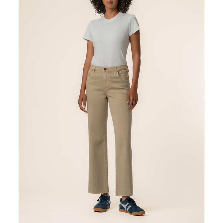 Kut from the Kloth Charlotte High Rise Wide Leg Raw Hem jeans in oat featuring stretch denim and a high waist.