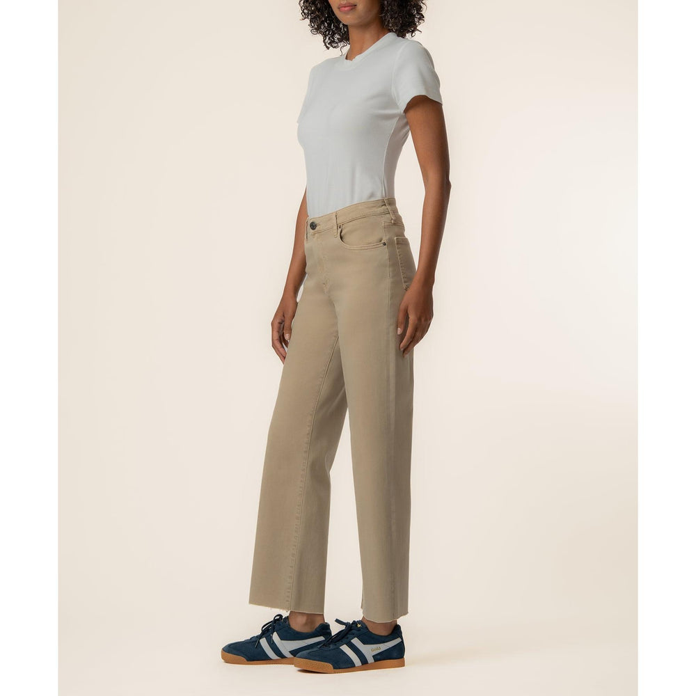Kut from the Kloth Charlotte High Rise Wide Leg Raw Hem jeans in oat featuring stretch denim and a high waist.