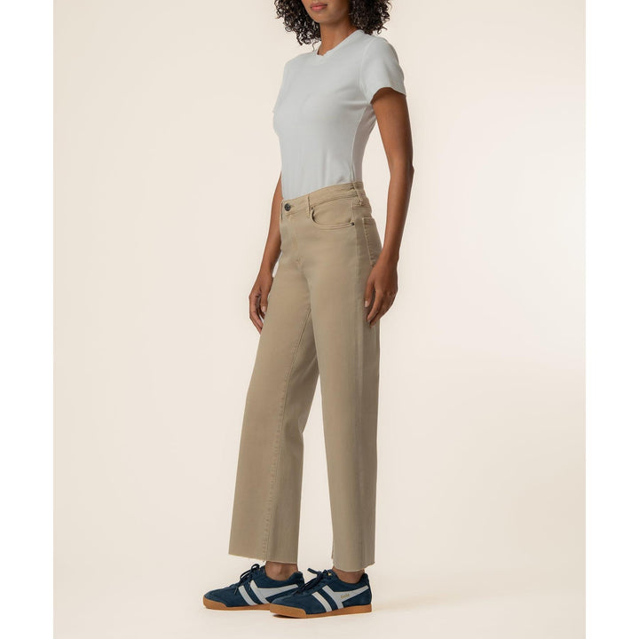 Kut from the Kloth Charlotte High Rise Wide Leg Raw Hem jeans in oat featuring stretch denim and a high waist.