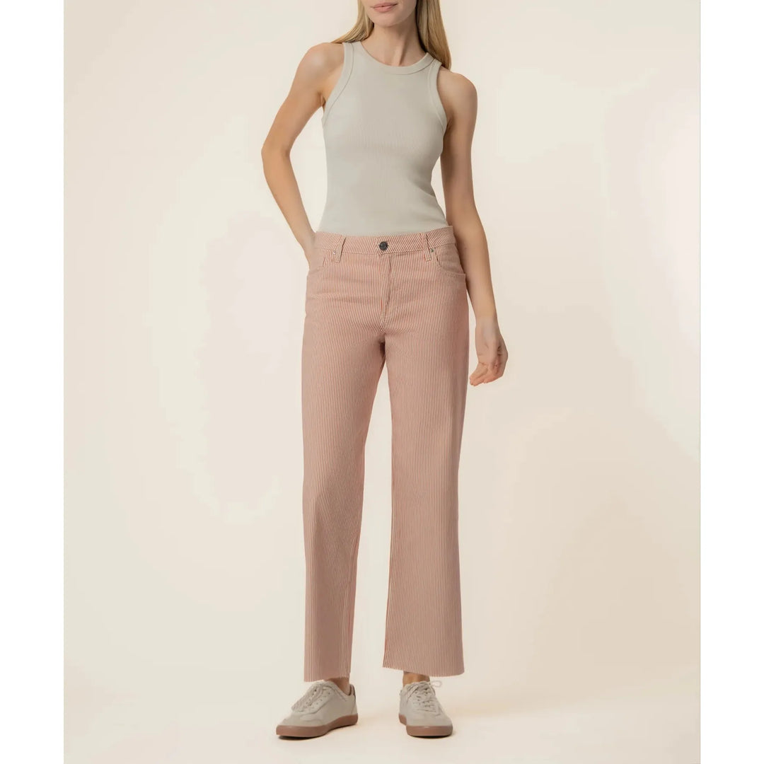 Kut from the Kloth Charlotte High Rise wide straight leg pants showcasing a bold red and ivory vertical stripe twill pattern and a raw hem.