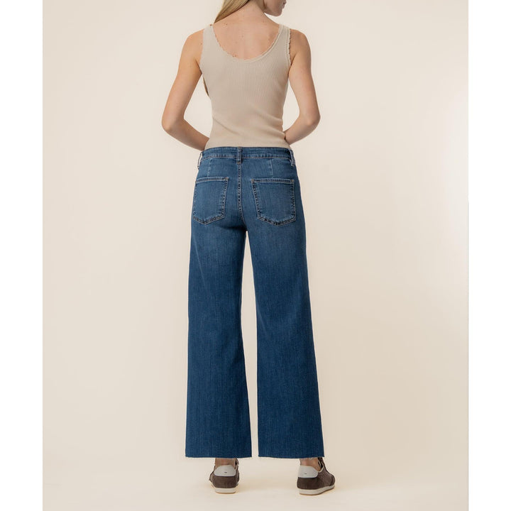 Kut from the Kloth Meg High Rise Wide Leg Jeans in blue featuring front patch pockets and a raw hem.