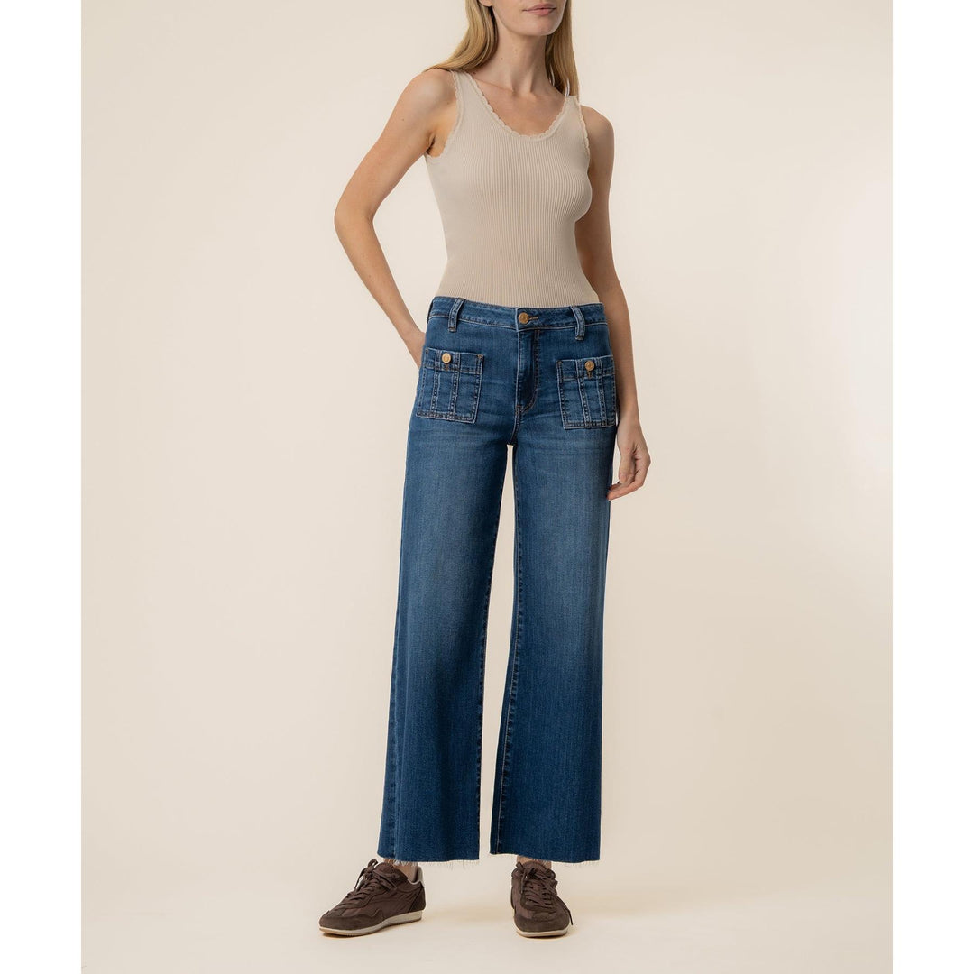 Kut from the Kloth Meg High Rise Wide Leg Jeans in blue featuring front patch pockets and a raw hem.