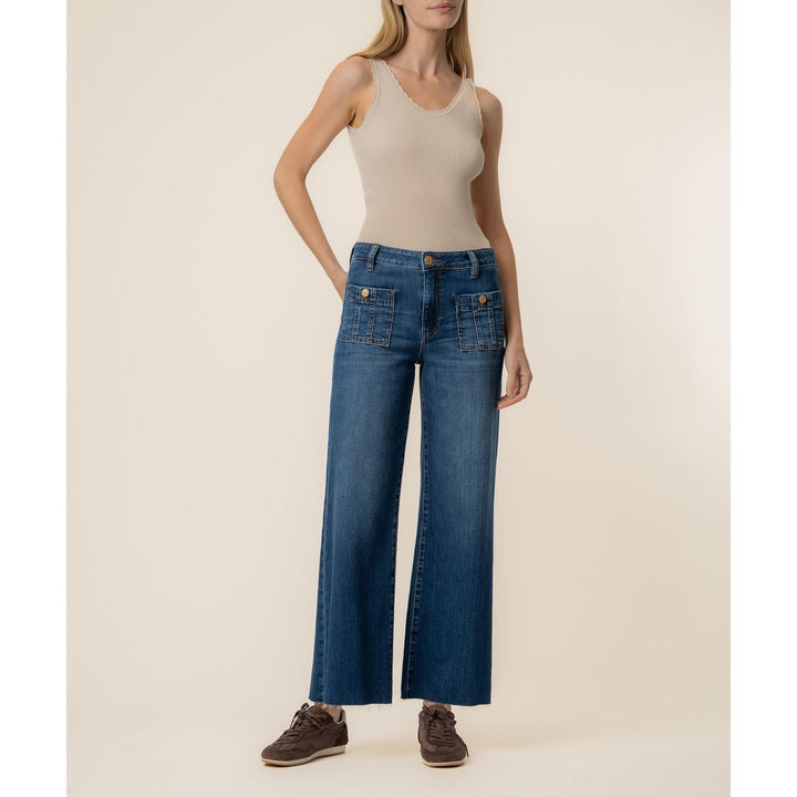 Kut from the Kloth Meg High Rise Wide Leg Jeans in blue featuring front patch pockets and a raw hem.