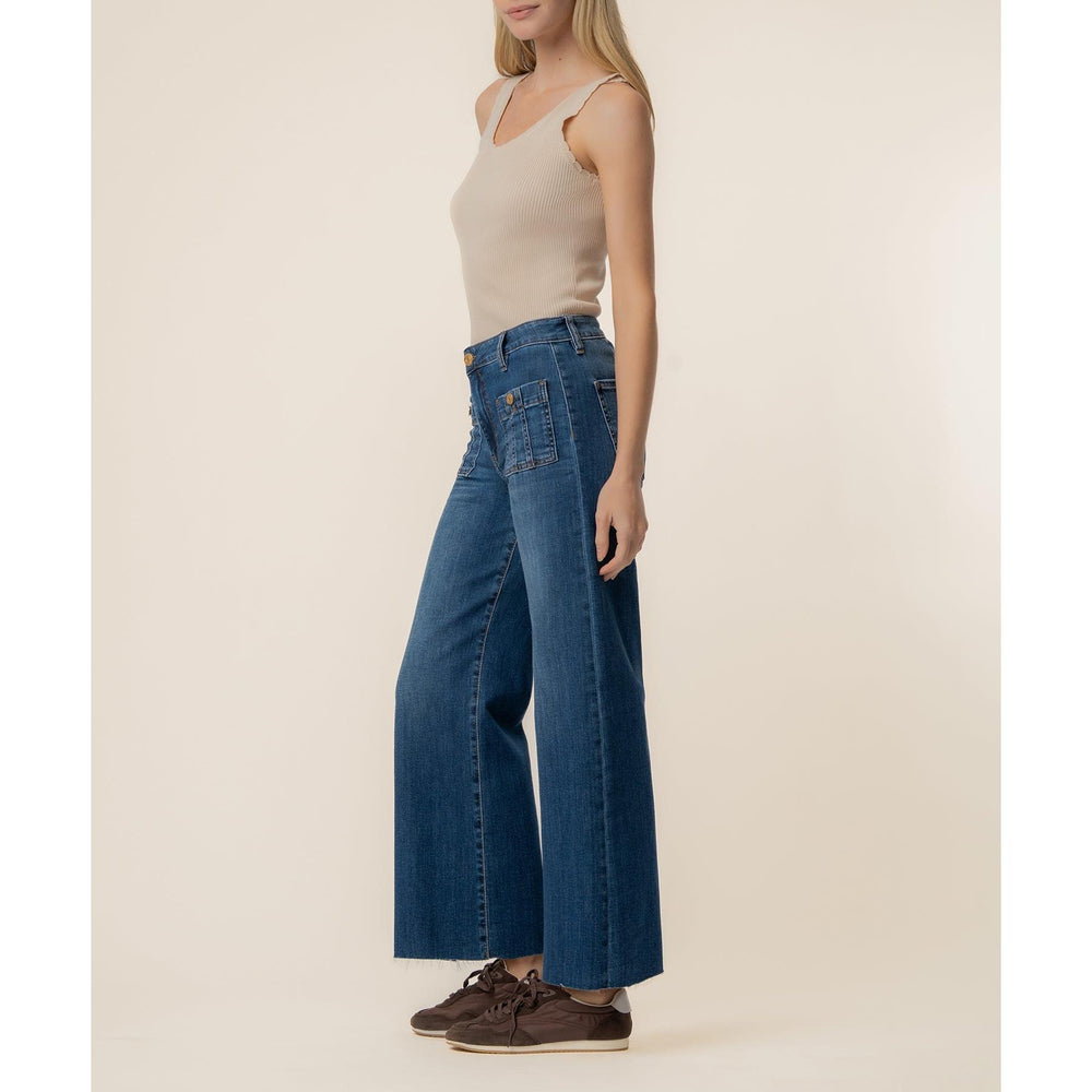 Kut from the Kloth Meg High Rise Wide Leg Jeans in blue featuring front patch pockets and a raw hem.