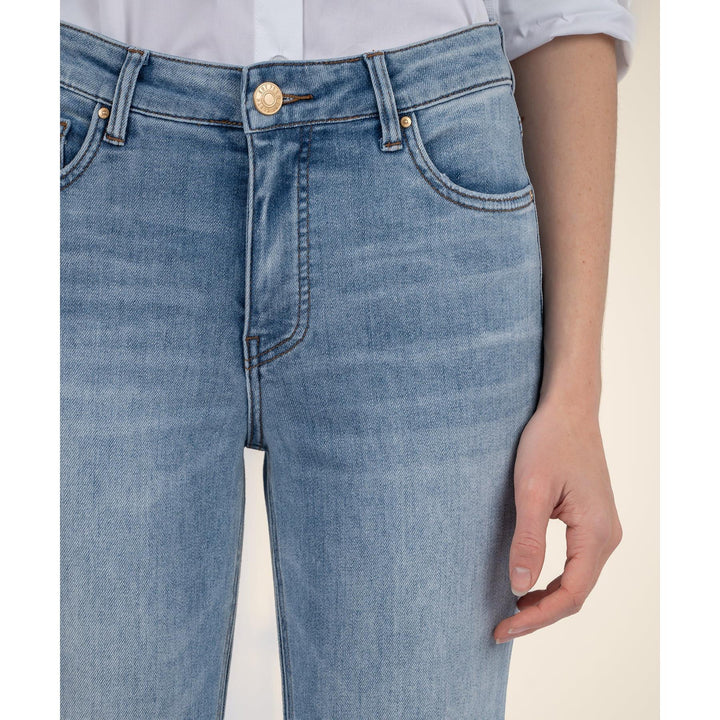 Close-up of the Fab Ab pocket construction and high-rise waistband on the Kelsey flare jeans.