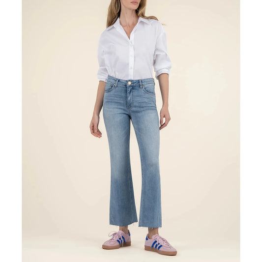 Kut from the Kloth Kelsey High Rise Ankle Flare jeans in Honest medium wash featuring a raw hem and flare leg.
