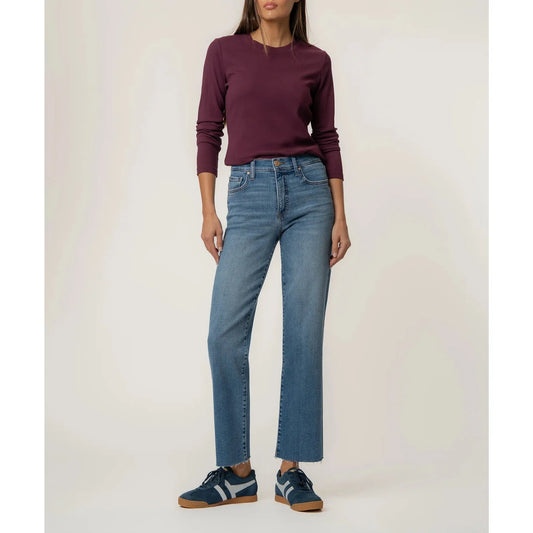 Avery jeans, high rise straight leg, Fab Ab pockets denim, Kut from the Kloth jeans, raw hem straight leg, women's smoothing jeans, medium wash straight leg.