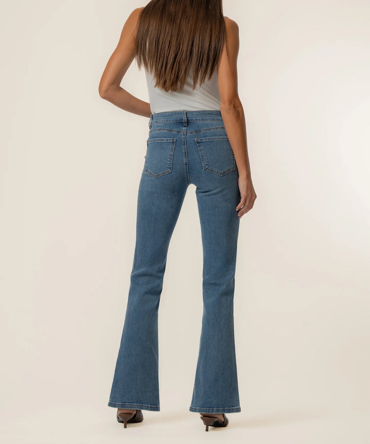 Kut from the Kloth Stella High Rise Flare Jeans in a medium wash featuring porkchop pockets and a clean hem.