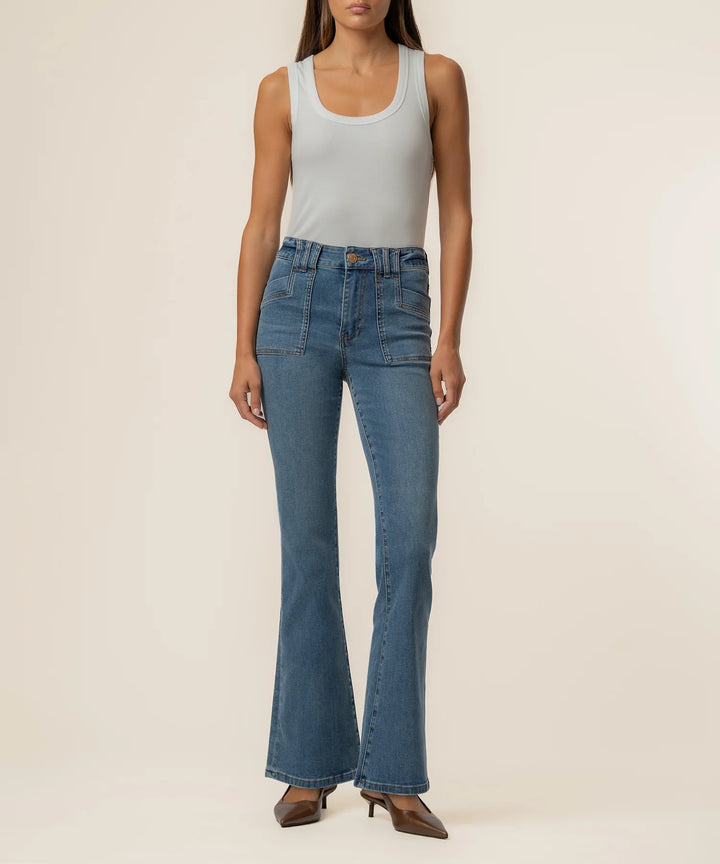 Kut from the Kloth Stella High Rise Flare Jeans in a medium wash featuring porkchop pockets and a clean hem.