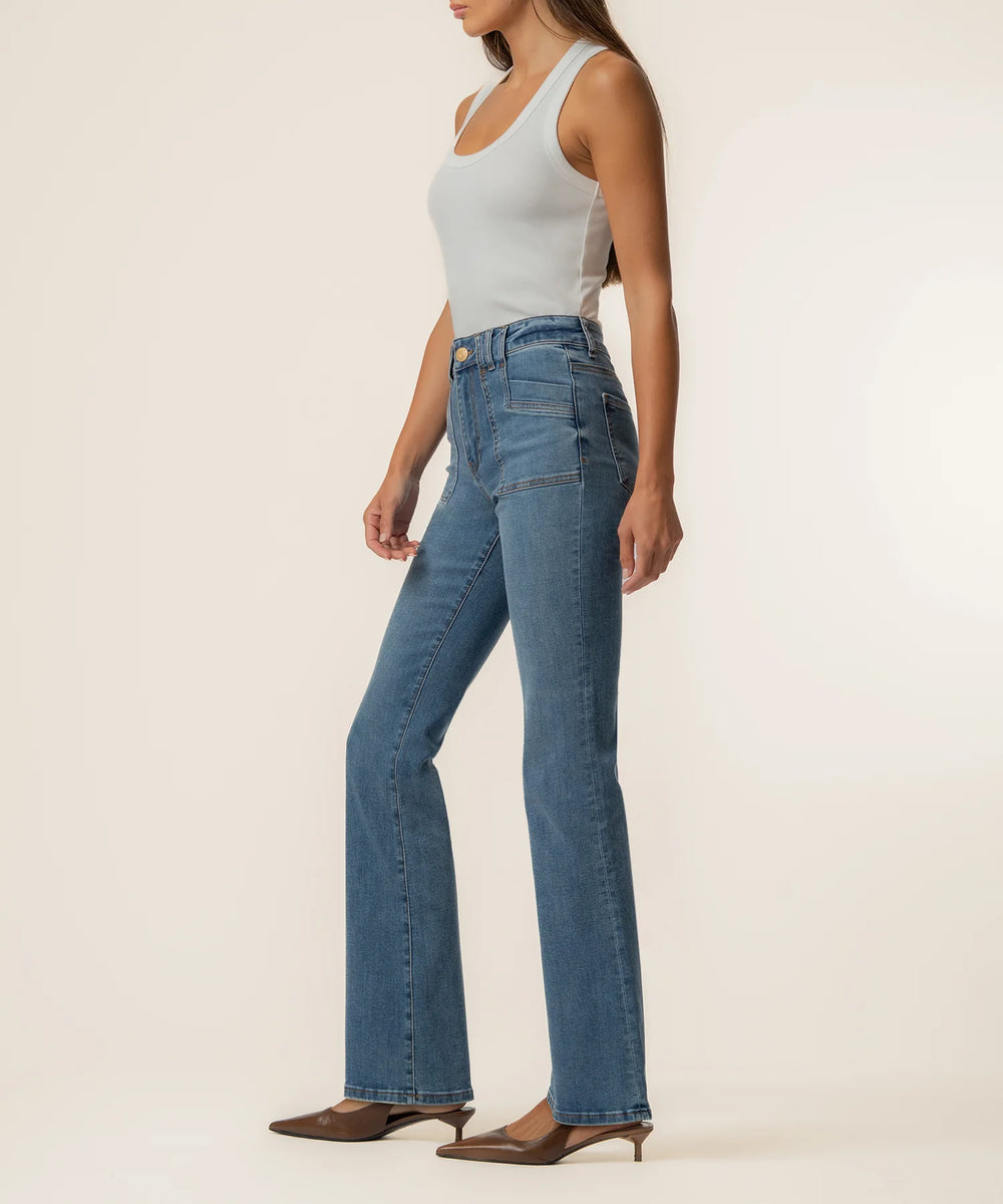 Kut from the Kloth Stella High Rise Flare Jeans in a medium wash featuring porkchop pockets and a clean hem.