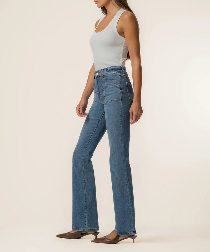 Kut from the Kloth Stella High Rise Flare Jeans in a medium wash featuring porkchop pockets and a clean hem.