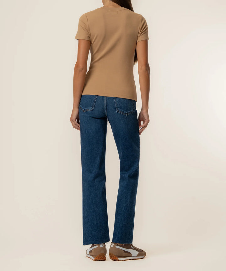 Kut from the Kloth Langley Short Sleeve Rib Top in camel featuring a classic crew neckline and a flattering fit.