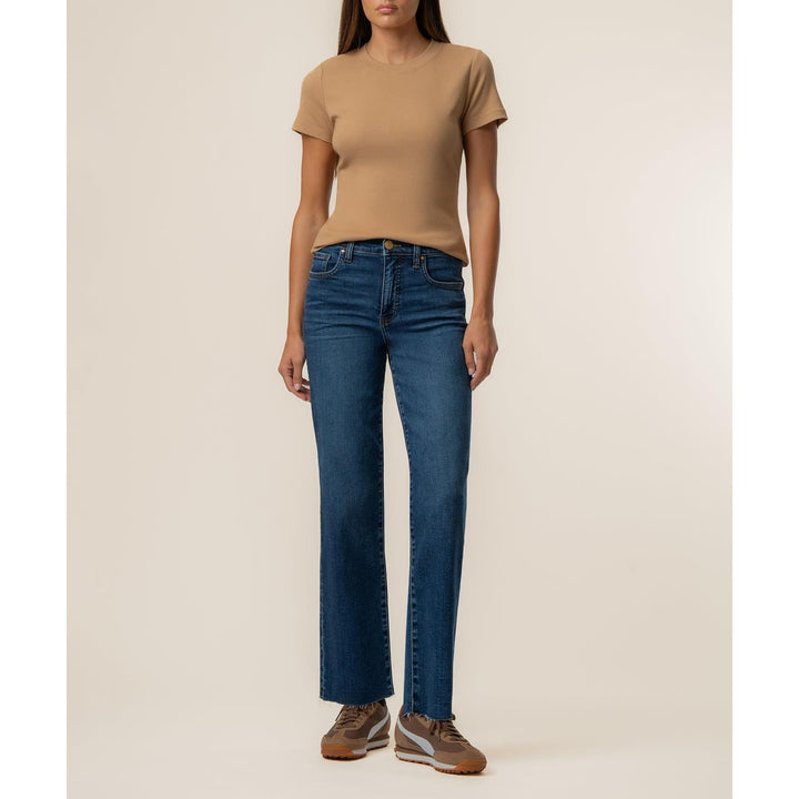 Kut from the Kloth Langley Short Sleeve Rib Top in camel featuring a classic crew neckline and a flattering fit.