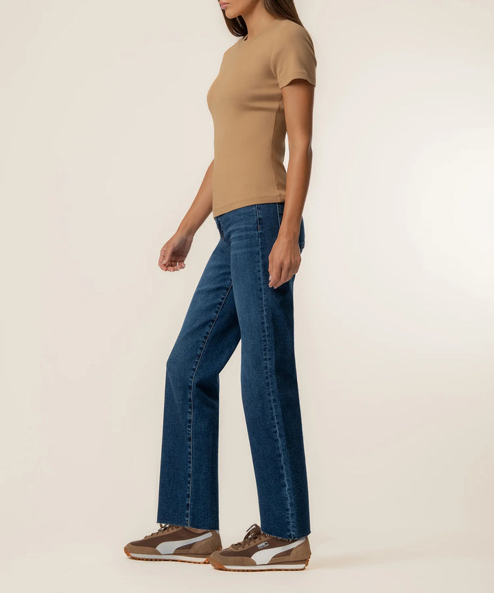 Kut from the Kloth Langley Short Sleeve Rib Top in camel featuring a classic crew neckline and a flattering fit.
