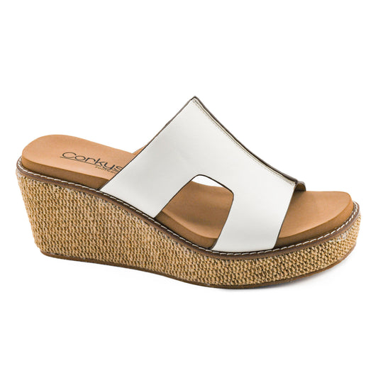 Corkys Kiss N Tell white wedge slide sandal with jute-wrapped platform and comfort footbed.